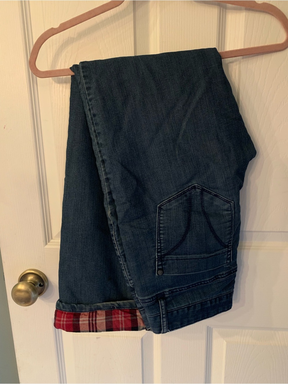Prana Blue Denim Jeans with Red Plaid Lining